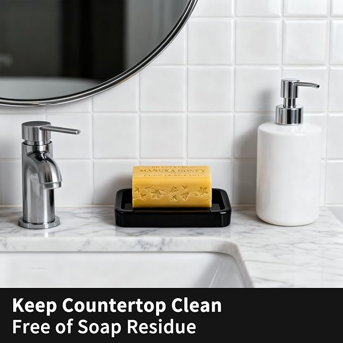 Ceramic Soap Dish with Raised Ridges, Rectangle Soap Tray, Decorative Soap Holder for Bathroom Counter, Shower and Kitchen Sink, Black