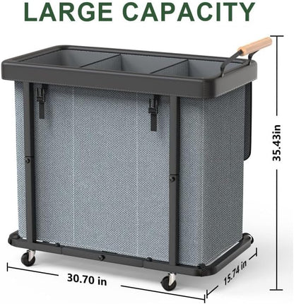 230L (60 Gal) Extra Large Fashion Laundry Sorter 3 Section with Lid, Rolling Laundry Basket Hamper with Handle, Laundry Organizer Storage Cart with Sturdy Metal Frame for Laundry Room, Hotel, Grey