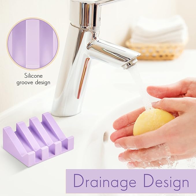 Cunhill 2 Pieces Silicone Soap Dish Self Draining Soap Dish Shower Waterfall Bar Soap Holder Tray with Drain Soap Saver for Kitchen Bathroom Accessories (Light Purple)