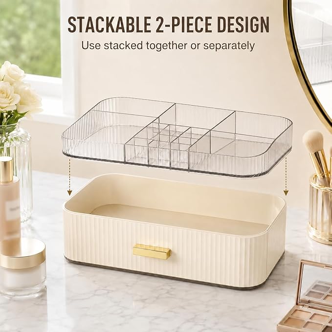 Makeup Organizer with Wide Drawer for Vanity, Stackable Cosmetic Organizer Countertop, Clear Skincare Storage for Bathroom Counter, Perfume, Lipstick, Brushes and Palettes, Cream White