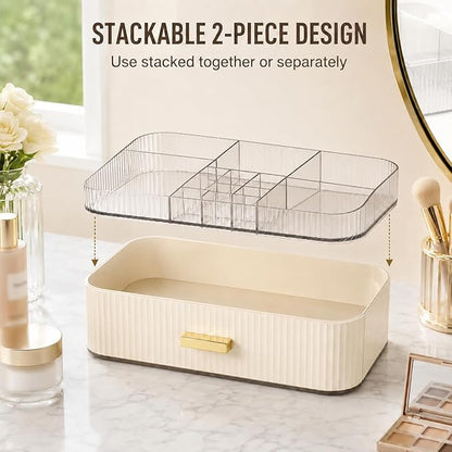 Makeup Organizer with Wide Drawer for Vanity, Stackable Cosmetic Organizer Countertop, Clear Skincare Storage for Bathroom Counter, Perfume, Lipstick, Brushes and Palettes, Cream White