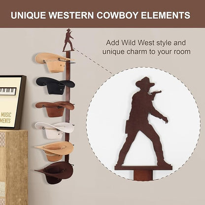 Cowboy Hat Rack Holder for Wall - Wild Western Style Design Hat Organizer with 6 Hat Hooks for Wall Mount, Hat Stand and Hanger for Storage and Organization，Gifts for Men Fathers Dad