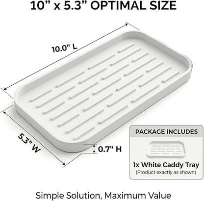 Silicone Organizer Tray, Soap and Sponge Holder for Kitchen Sink, Bathroom - Storage Tray for Dish Brush, Soap Dispenser, Dishwashing Accessories-(White 1 Pack, 10"x5.3")