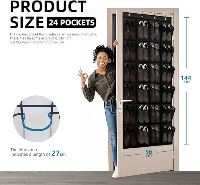 Over the Door Shoe Organizer with 28 Breathable Mesh Pockets - Hangs on Closets for Shoes, Accessories,Back to School Organizer for Dorm Room College Classroom Storage (Black)