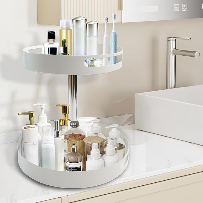 360° Rotating Bathroom Countertop Organizer, Metal Makeup Organizer for Vanity,2-Tier Spinning Storage Tray for Bathroom,Kitchen,Living Room,Multi-Purpose Countertop Shelf,White Lazy Susan