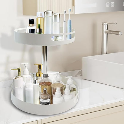 360° Rotating Bathroom Countertop Organizer, Metal Makeup Organizer for Vanity,2-Tier Spinning Storage Tray for Bathroom,Kitchen,Living Room,Multi-Purpose Countertop Shelf,White Lazy Susan
