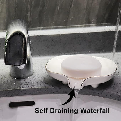 White Soap Dish Ceramic Self Draining Soap Dish Waterfall Slot Gold Edge Bathroom Accessories for Bathroom, Kitchen,Bar Counter