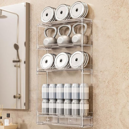 BOHOIDEE 3 Tiers Wall Acrylic Display Shelves with 2 Division Boards, Large Capactiy Acrylic Bathroom Organizer, Wall-Mounted Dustproof Makeup Organizer Storage for Bathroom, Kitchen, Room Decor