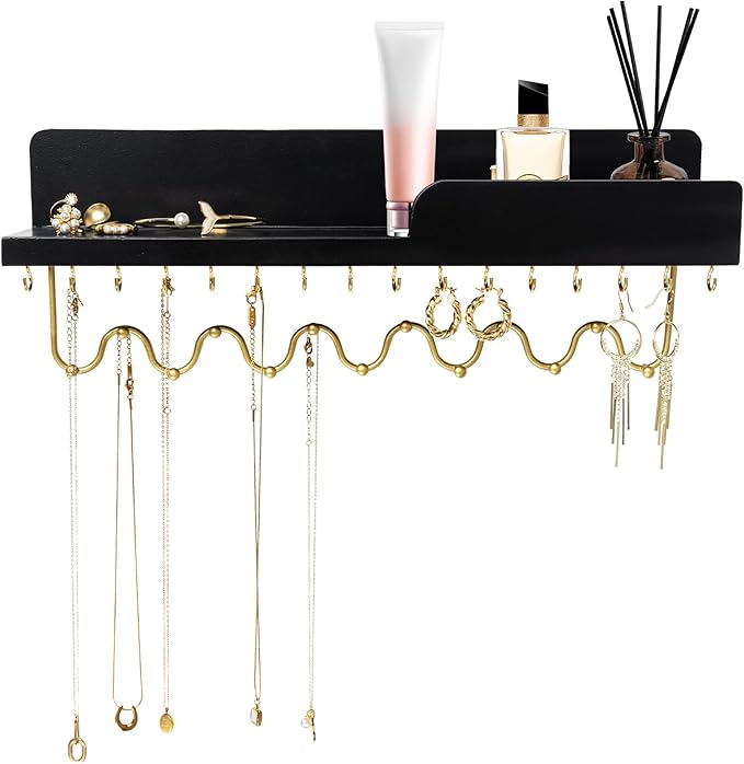 Hanging Jewelry Organizer with 29 Hooks and Cosmetics Shelf, Modern Wood Wall Mounted Jewelry Holder for Necklaces, Bracelets, Earrings and Rings, Black