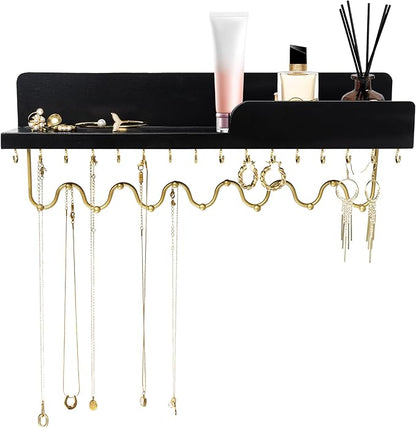Hanging Jewelry Organizer with 29 Hooks and Cosmetics Shelf, Modern Wood Wall Mounted Jewelry Holder for Necklaces, Bracelets, Earrings and Rings, Black