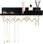 Hanging Jewelry Organizer with 29 Hooks and Cosmetics Shelf, Modern Wood Wall Mounted Jewelry Holder for Necklaces, Bracelets, Earrings and Rings, Black