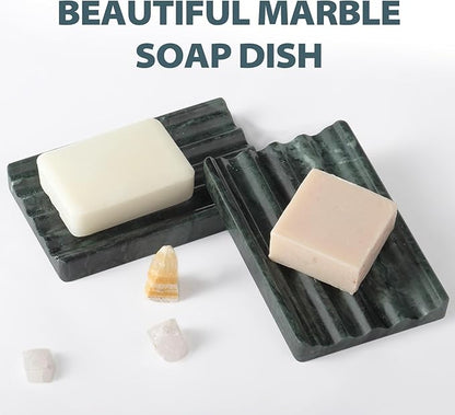 Karibiber 2 Pcs Soap Holder for Bathroom, Marble Soap Dish for Kitchen Countertop, Green Soaps Tray with Creative Wavy Design, Soaps Saver for Bath Tub, Sponges, Indian Natural Stone