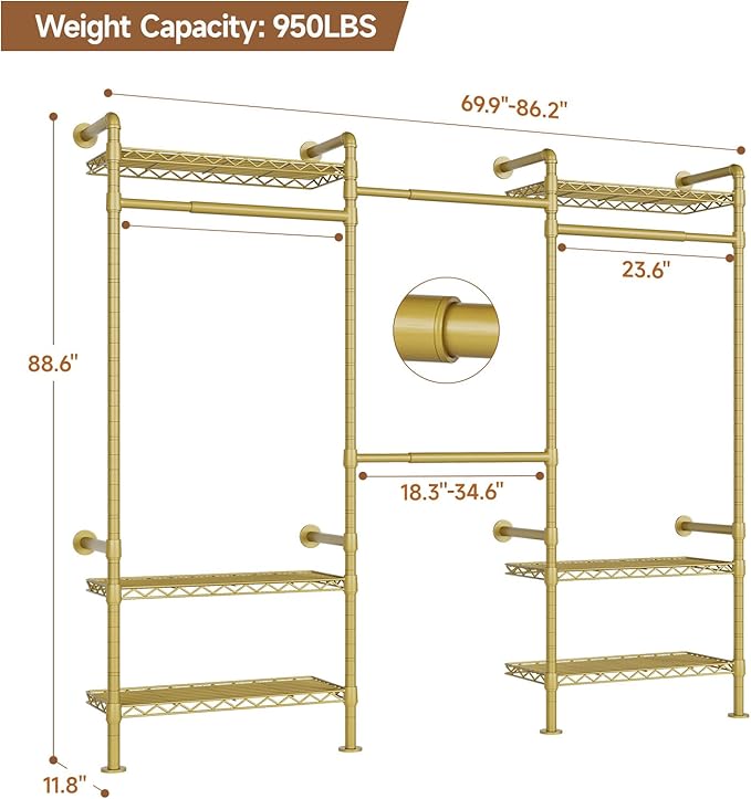 Wall-Mounted 3-Section Closet System, Expandable Industrial Pipe Clothing Rack with 4 Telescopic Rods & 6 Mesh Shelves, Heavy Duty Garment Organizer for Walk-In Closets & Bedrooms, Gold