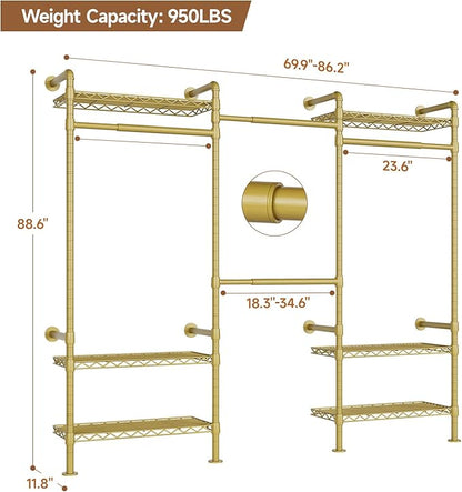 Wall-Mounted 3-Section Closet System, Expandable Industrial Pipe Clothing Rack with 4 Telescopic Rods & 6 Mesh Shelves, Heavy Duty Garment Organizer for Walk-In Closets & Bedrooms, Gold