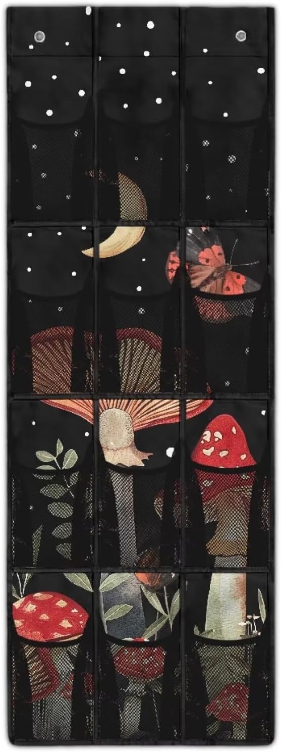 Mushrooms Over the Door Organizer with 12 Mesh Pockets - Breathable Design for Bath Towels, Toiletries, Makeup (Waterproof Lining)