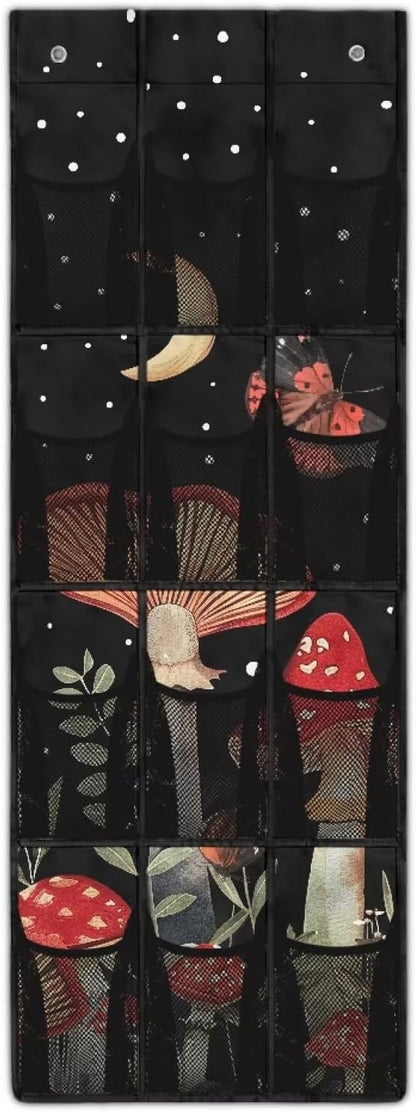 Mushrooms Over the Door Organizer with 12 Mesh Pockets - Breathable Design for Bath Towels, Toiletries, Makeup (Waterproof Lining)