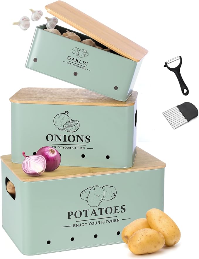 Kitchen Vegetable Storage Set of 3, Metal Onion Garlic Potato Storage Set, Kitchen Canisters Vegetable Keeper Containers with Aerating Holes and Wooden Lid (Sage Green)
