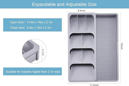 Expandable Kitchen Drawer Organizer, Adjustable Cutlery Trays and Utensil Holder, Kitchen Drawer Dividers Storage for Silverware, Flatware, Knives, Spoons, Gray