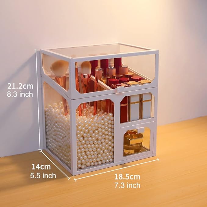 MOOCHI White Vintage Glass Cosmetic Multifunctional Makeup Organizer with Pearls Dustproof Cosmetics Storage Display Case For Brushes Lipsticks