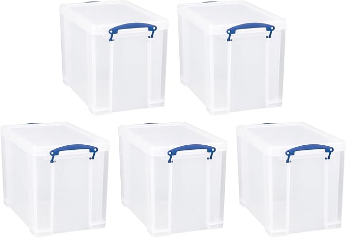 Really Useful Box 19 Liter Plastic Stackable Storage Container w/Snap Lid & Built-in Clip Lock Handles for Home & Office Organization, Clear (5 Pack)