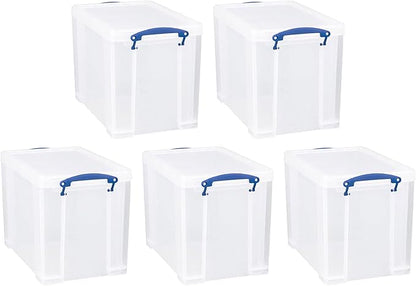 Really Useful Box 19 Liter Plastic Stackable Storage Container w/Snap Lid & Built-in Clip Lock Handles for Home & Office Organization, Clear (5 Pack)