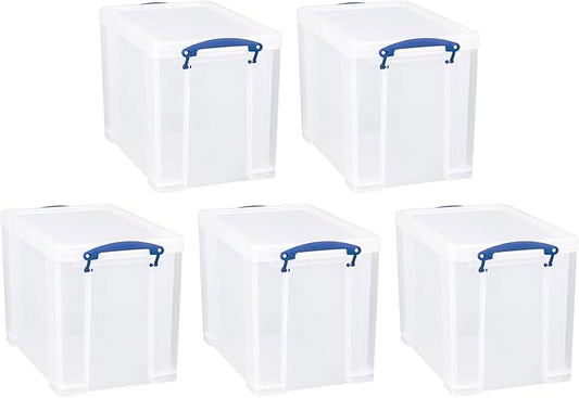 Really Useful Box 19 Liter Plastic Stackable Storage Container w/Snap Lid & Built-in Clip Lock Handles for Home & Office Organization, Clear (5 Pack)