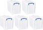 Really Useful Box 19 Liter Plastic Stackable Storage Container w/Snap Lid & Built-in Clip Lock Handles for Home & Office Organization, Clear (5 Pack)