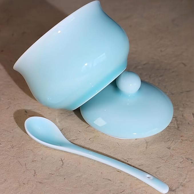 Porcelain Salt Cellar with Lid and Spoon, 4.4 oz Salt Container Sugar Bowl for Spice & Seasonings, Elegant Kitchen Counter Decor, Chinese Celadon (Ivory Blue)