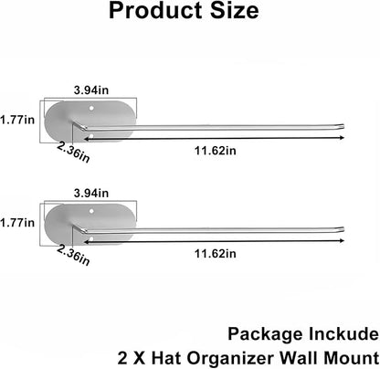 2 Packs Hat Rack for Baseball Caps, Hat Organizer Wall Mount, Stainless Steel Hat Hanger Hat Holder Self-Adhesive or Drilling Hat Holder for Door, Closet and Wall, Silver