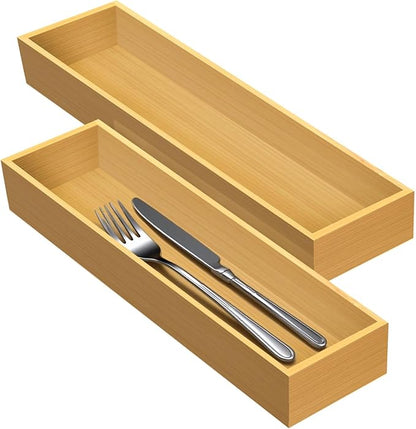 guiogc Bamboo Drawer Silverware Organizer, Flatware Organizers, Multi-purpose Bamboo Storage Box for Kitchen, Offices and Dressing table 11.5" x 3.15" x 1.8" (Set of 2)
