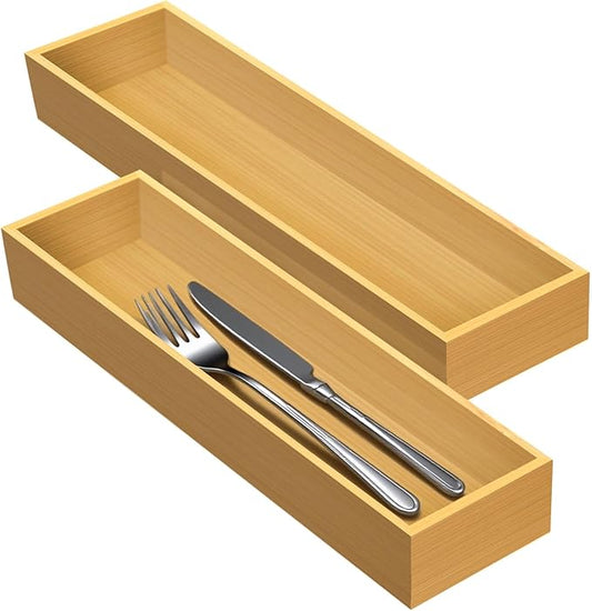 guiogc Bamboo Drawer Silverware Organizer, Flatware Organizers, Multi-purpose Bamboo Storage Box for Kitchen, Offices and Dressing table 11.5" x 3.15" x 1.8" (Set of 2)
