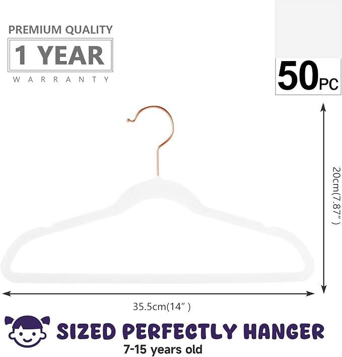 MIZGI Kids Velvet Hangers,Non-Slip Big Kids Hangers,14 Inch Hangers for Youth,Teen Clothes,Pack of 50（White/Rosegold）