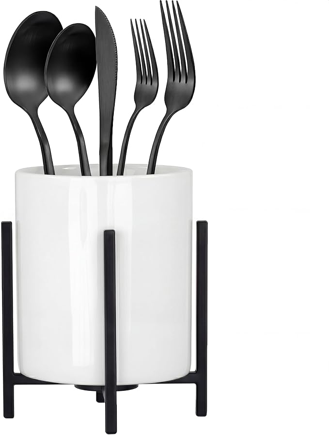 Spoon Holder for Coffee Bar, Kitchen Spoon and Fork Holder, Black Silverware Holder, Cutlery Holder Robust Silverware Caddy, White Ceramic Cup with Black Metal Frame, 1 Pcs