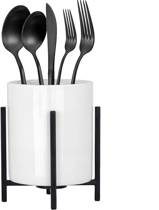 Spoon Holder for Coffee Bar, Kitchen Spoon and Fork Holder, Black Silverware Holder, Cutlery Holder Robust Silverware Caddy, White Ceramic Cup with Black Metal Frame, 1 Pcs