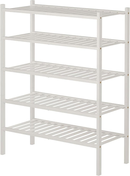 ROMGUAR CRAFT 5 Tier Bamboo Shoe Rack for Closet Free Standing Wood Shoe Shelf for Entryway Small Space Stackable 27"x11"x33" (White)