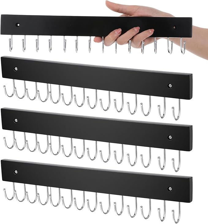 4 Pack Necklace Holder Wall Mount, Tangle-Free Wall Necklace Organizer with 14 Hooks, Wooden Jewelry Hanger, for Chains, Bracelets, Earrings, Black