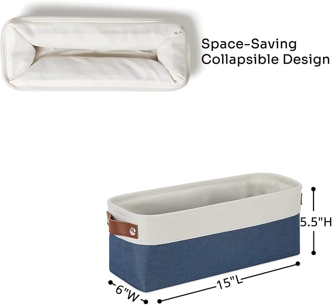 DULLEMELO Narrow Storage Basket,Toilet Paper Basket with Leather Handles for Back of Toilet, Vanities, Shelves & Cabinets (White&Blue-1 Pack)