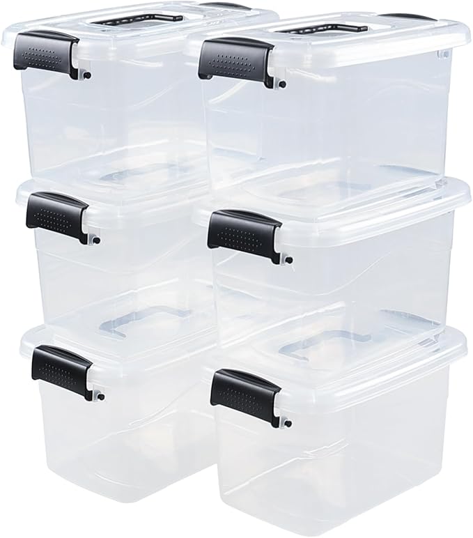 6-Pack Home Storage Bins, Plastic Container, Latching Box with Handle (Black handle)