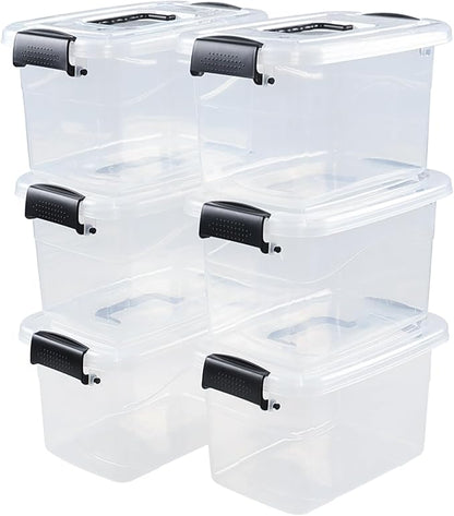 6-Pack Home Storage Bins, Plastic Container, Latching Box with Handle (Black handle)