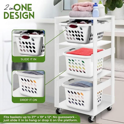 Laundry Basket Holder Shelf – Stackable Engineered Wood Laundry Tower, Tiered Hamper Organizer for Bathroom, Bedroom, Closet (White, 3 Tier)