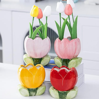 1 PC Ceramic Tulip Make up Brush Holder Flower Toothbrush Holder Cosmetic Storage Box Pen and Pencil Holder Desktop Organizers (Yellow)