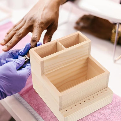 Healeved Nail Polish Storage Organizer Box - Large Wooden Beauty Tool Storage Box with Compartments for Manicure Drill Bits and Accessories - Compact 4.53X4.72X3.94 Inch Case for Home and Salon