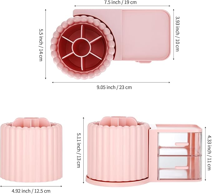 Makeup Organizer Countertop,360 Rotating Makeup Brush Holder With 2 Drawers,Small Preppy Organizer |9.25x5.11inch|Pink