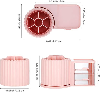 Makeup Organizer Countertop,360 Rotating Makeup Brush Holder With 2 Drawers,Small Preppy Organizer |9.25x5.11inch|Pink