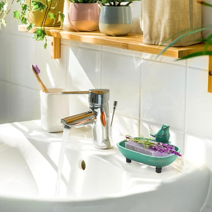 Sungmor Heavy Duty Cast Iron Hand Soap Holder - Lovely Bird Shaped & Antique Green Finish - Decorative Tabletop Soap Dish Tray for Kitchen Bathroom Sink - Practical Bath Soap Box Container