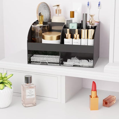 Makeup Organizer with Drawers, Cosmetic Storage for Dresser Vanity and Bathroom Countertop, Beauty Holder for Lipstick Brush, Skincare Organizer for Vanity, Cosmetic Display Case (Black-2Pack)
