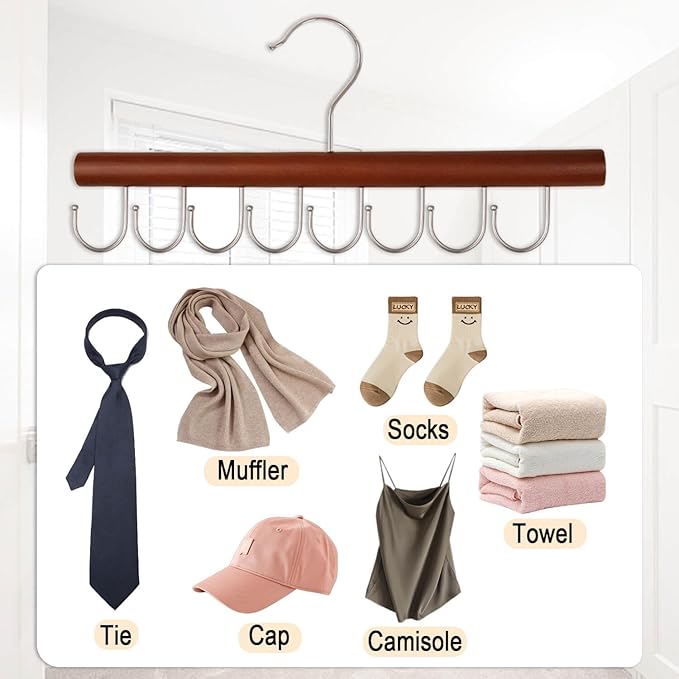 2PCS Belt Organizer Hanger,Sturdy Wood Belt Rack Closet Accessories with 8 Hooks Belt Organizer for Closet Organizers and Storage (Mahogany)