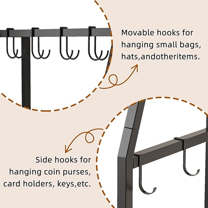 3-Tier Purse Stand Handbag Organizer, Hall Tree for Entryway Steel Frame, with 8 Removable Hooks，Clothes Rack Stand Organizer(Rustic Brown)