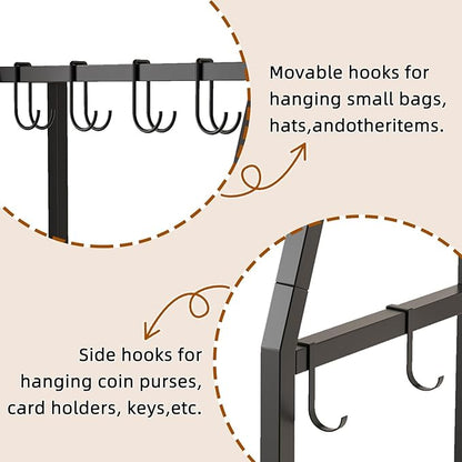 3-Tier Purse Stand Handbag Organizer, Hall Tree for Entryway Steel Frame, with 8 Removable Hooks，Clothes Rack Stand Organizer(Rustic Brown)