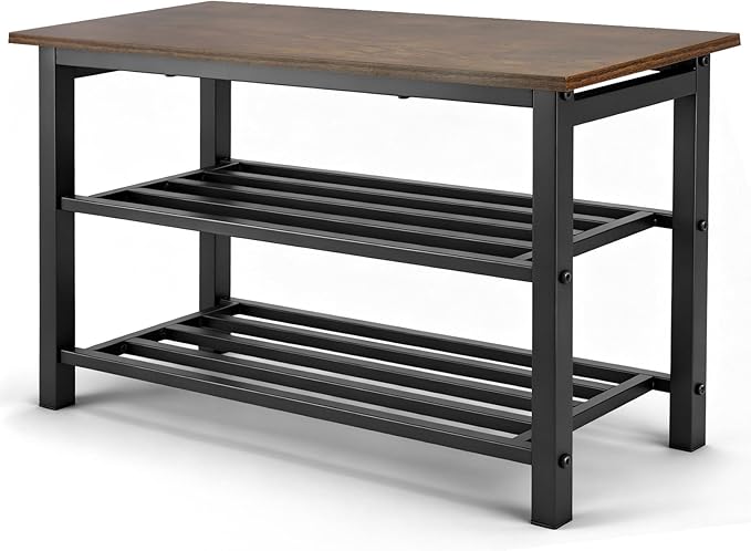 3-Tier Shoe Rack Bench, Shelf Storage Bench w/h Metal Shelves and Seat, Free Standing Shoe Organizer for Entryway, 11 x 27.2 x 17.2 Inches Shoe Bench, Brown & Black
